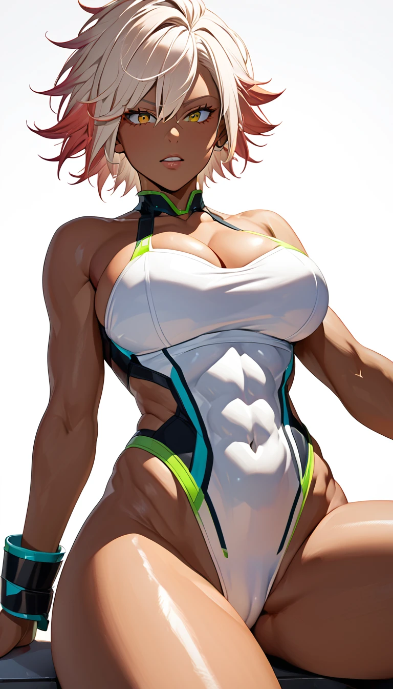 well-developed abs,(white background:2.0)、absurdres, highres, ultra detailed, (1 girl:1.2), (dark tan skin:1.4), abs:1.25,unity 8k wallpaper,Dynamism,cinematic shot, intricate details, (dramatic shadows:1.2), (vivid color palette:1.2), body twisting, seductive pose,bright lighting, spread legs,navels,紐パン、mitsuki bakugo,huge breasts,
