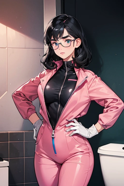 A black-haired, freckled girl with glasses wearing large pink rubber gloves and a blue long-sleeved jumpsuit　Thick eyebrows　Dirty toilet