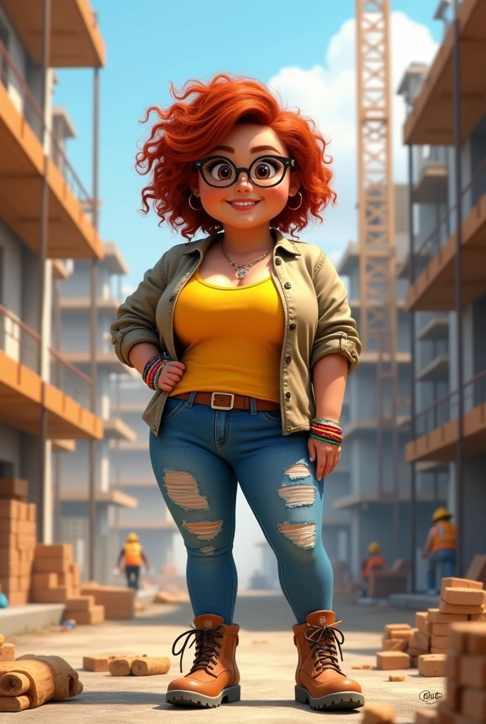 Chubby and chubby female architect, with medium short curly copper red hair at shoulder length, brownish skin, dark eyes and hipster glasses, with bracelets and nose piercing, with rockstar style bag, ripped denim jeans, wearing a yellow shirt and a canvas jacket over it, open, and construction boots, Standing at a construction site, version Disney Pixar Cartoon 