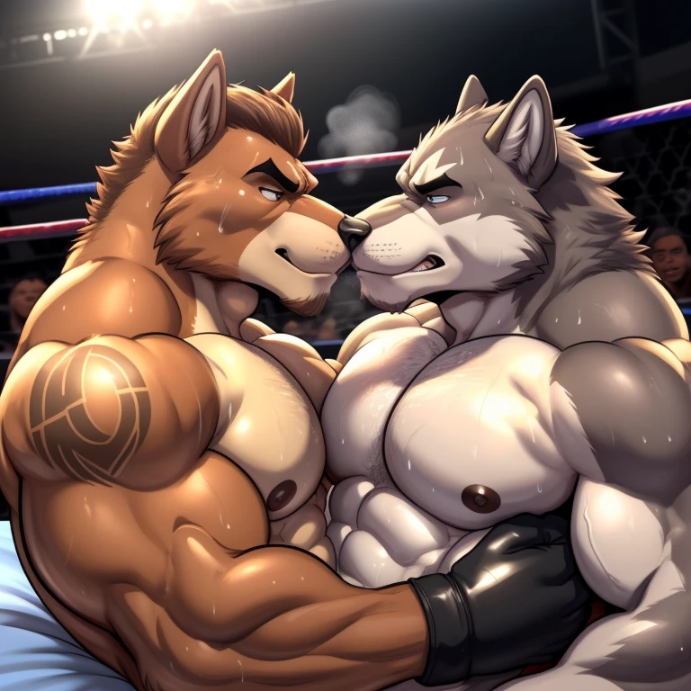 Duo male(Brown Wolf vs Gray Wolf), handsomes(handsome hairstyle, Thick eyebrows, detailed face), gay(Lying down, cuddling, body with body, wrestling at each other, face to face, kissing chest, on a private bed match), hot(Shirtless), handsomes(They are handsomes, correct anatomy), musculosos(Big muscle bodies, Six packs, muscle abs, big pecs), sweaty(very sweaty wet bodies, shiny sweat), tatuajes(they have tattoos), grumpy(Both have an grumpy expression, grumpy teeths, steaming breath), UFC gloves(They both are wearing UFC gloves), Hight resolution, by(Zourik:1.1)