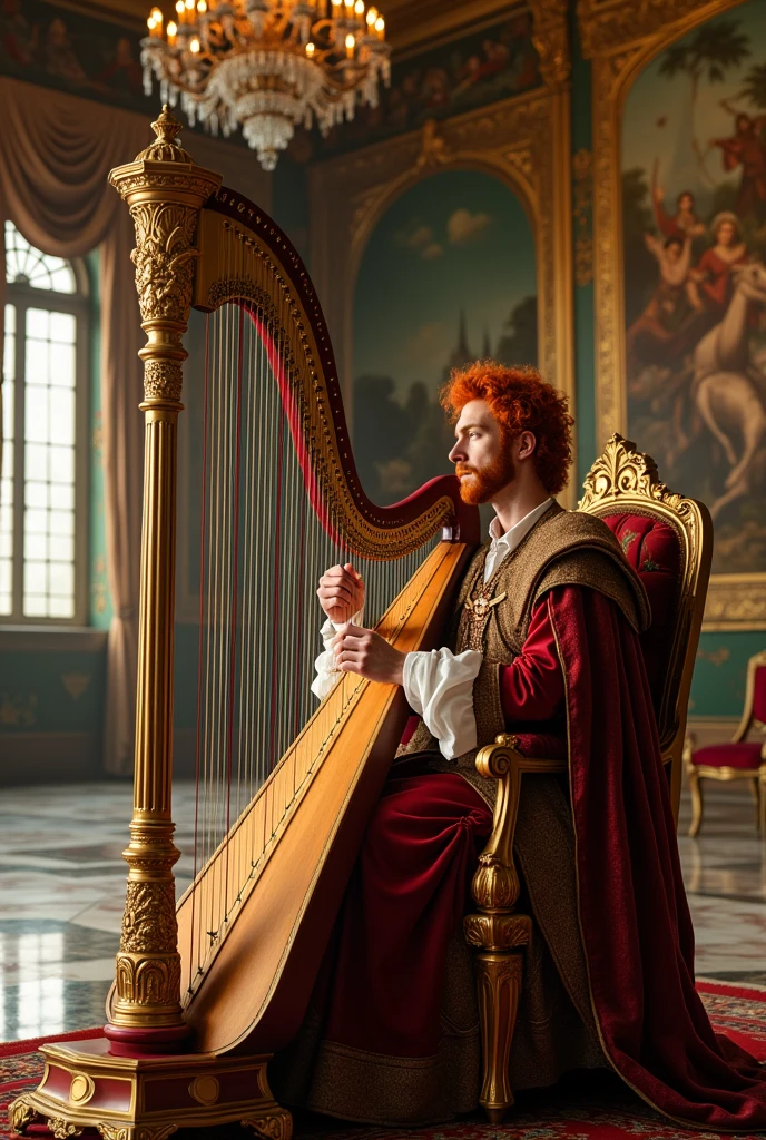 A red-haired king with a small beard playing the harp in his palace