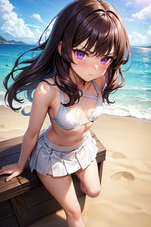 ((best quality)), ((masterpiece)), (detailed), a girl, full body, 19 years old, serious face, young adult, somewhat short stature, purple eyes, brown hair, slightly wavy hair, long hair, bangs, blush, very small breasts, sexy white bikini with skirt, seductive legs, beach background, looking at me, anime