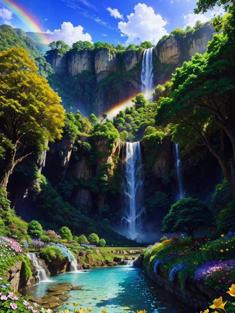 A super huge ginkgo tree stands in the middle of a super huge flower garden.,mysterious,Fantasy,Huge waterfall,Beautiful views,Great view,Clean river,Paradise,Dream world,There's a rainbow in the sky,Different world,romantic,perfection