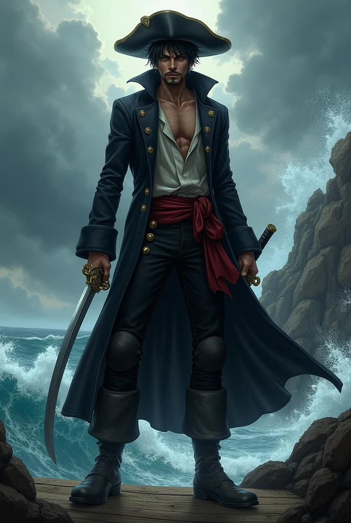 a male pirate from One Piece with short hair, 2 Katanas, a black hat, a mask covering the black mouth, and a black overcoat