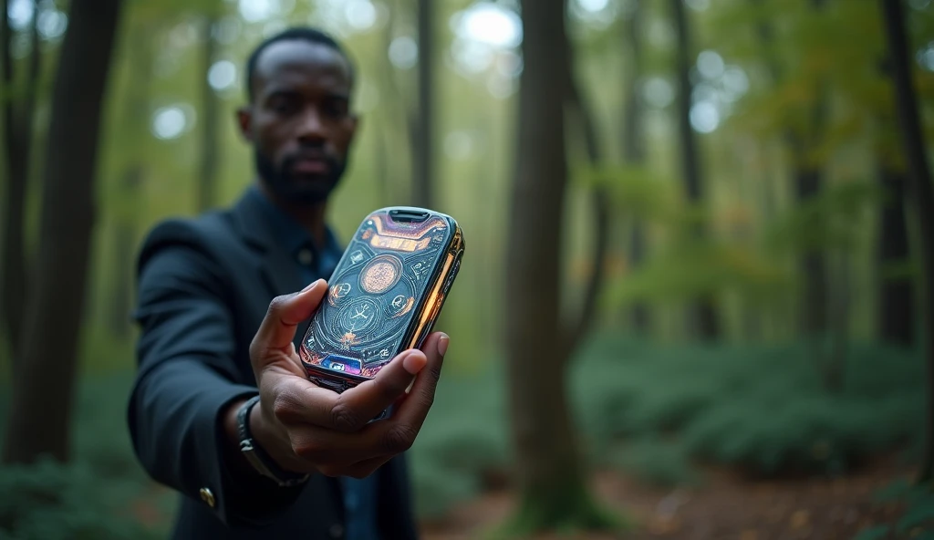 futuristic electronic object  ,Holding with one hand, ,blurred forest background


