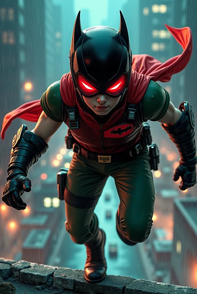 DC Comics' Robin with a motorcycle helmet modified into a mask