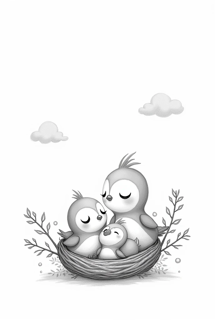 A black and white drawing with simple lines of cute baby birds in a nest with their mother., as if they were cartoon characters