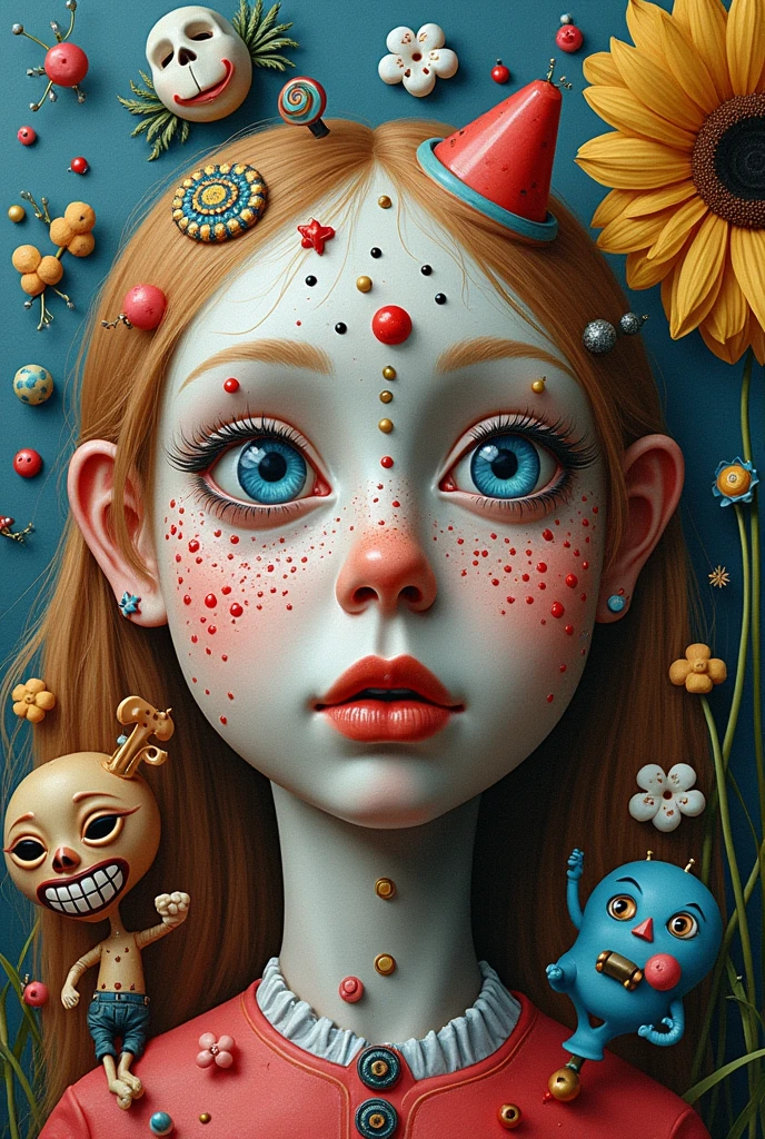 lewis carrol, Alice in Wonderland, Surreal and strange dislocation art:Collage,There are many different things on the faces,neon colors playground toys,Geometric Dislocation,Collage,Hollow,Artistic sense,Painting,paint,Simple, children playing infants girls and boys