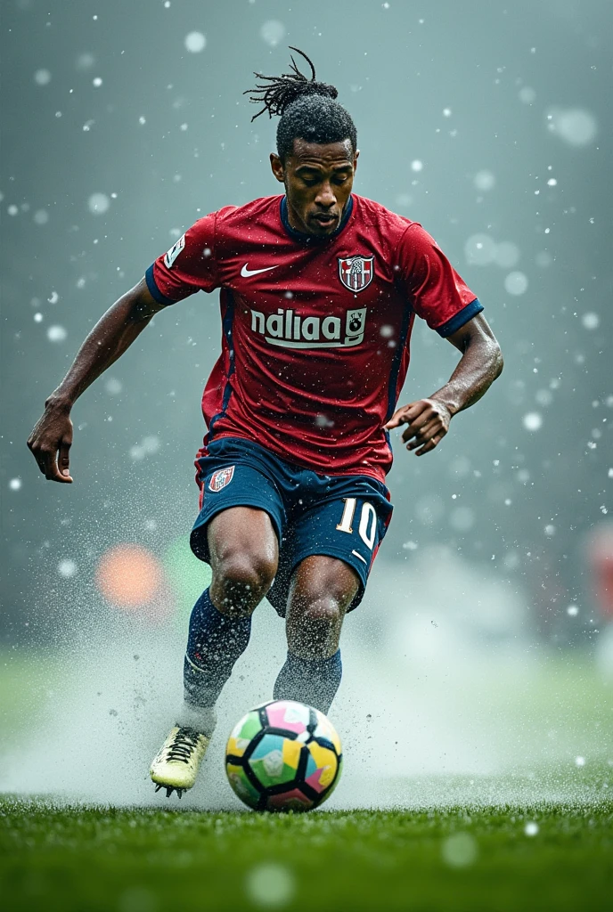 Best football player is playing football while raining and snowing his name Tolibjon and his name written his shirt