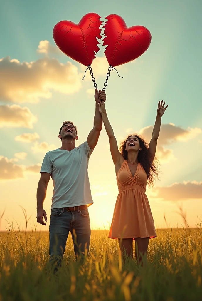 Create an image of a man and a woman screaming. The message is free from emotional abuse. Break the cycle of violence. Ambos libres de sus cadenas ⛓️ alzando los brazos.
Their red hearts are broken and both sad. Clear image not dark.
