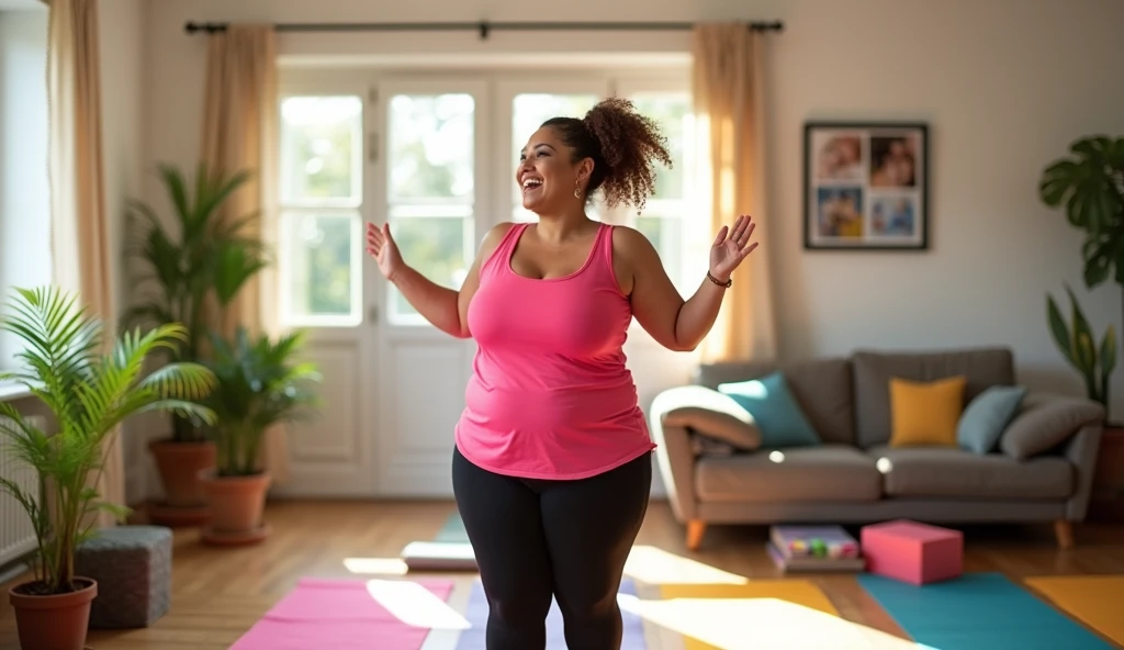 Overweight woman happy to be exercising at home