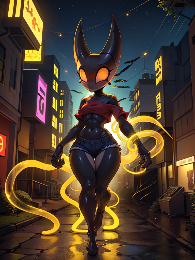Masterpiece, best quality, absurdres, 1girl, beautiful legs, menat_holiday, light smile, dark skin, Green eyes, egyptian, bob cut, red dress, (black hood), black gloves,(shiny thighs),, tail, bell, bare shoulders,sexy thighs,close up,(((beautiful leg))),solo,panty shot,evil smile,from behind,ass