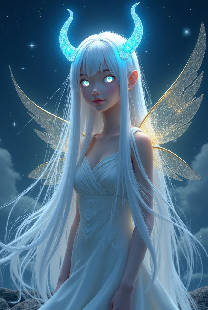 Girl with white eyes and long, white hair, with four diamond-like golden wings and bright celestial blue horns