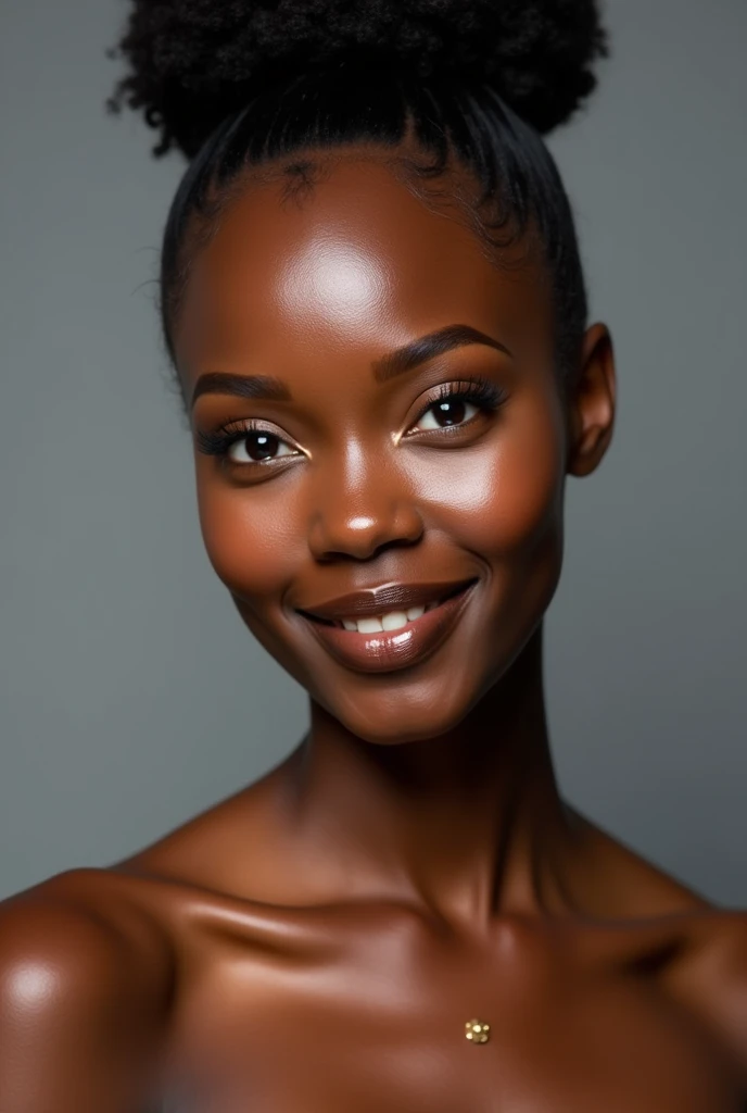 woman, face, sexy, front, hair bun, african, black, oily skin, grey background