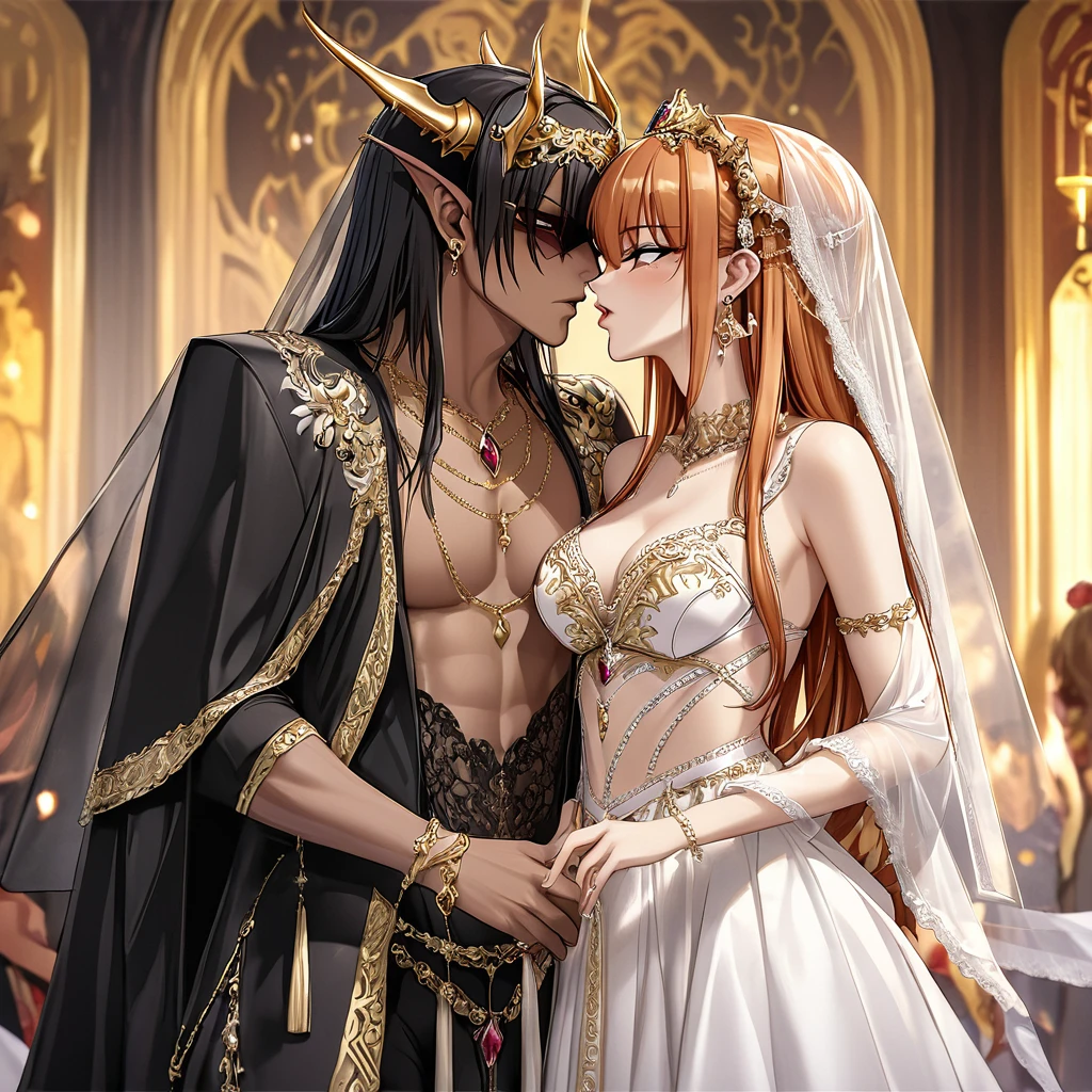 ((Highest quality)), ((masterpiece)), (detailed), (Perfect Face)、The woman is Maya Cordelia, the Demon King's wife, with semi-long orange hair. She is beautifully adorned in a luxurious black vintage wedding dress with elaborate gold embroidery and trim, a black wedding veil, and luxurious earrings and an engagement ring, making her a stunning spectacle with her glittering jewelry.、The woman, a devil, embraces the wicked demon king man, shares a vowing kiss, and holds a wedding ceremony.、The woman became the wife of the demon king, becoming the demon queen and becoming the demon king's companion for life.