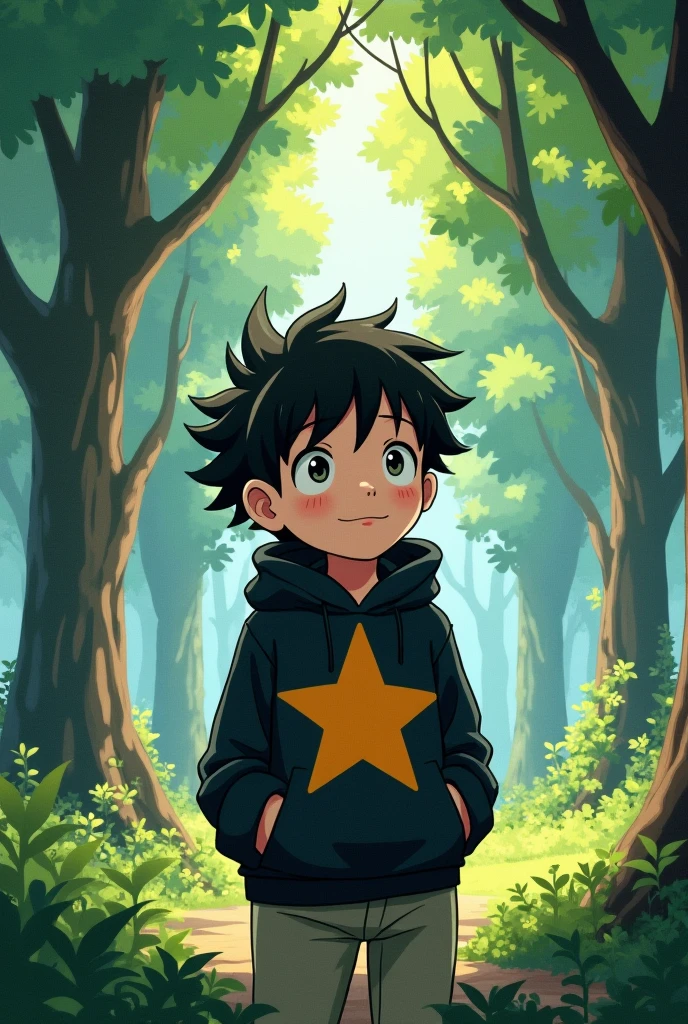 I want a Ghibli studio anime art, of a boy with a black hoodie, blackquality hair, a big star in the middle of the hoodie.