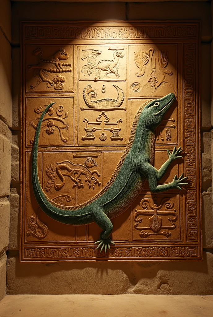 a detailed ancient hieroglyphic mural, humanoid reptilian figures,intricate patterns,highly detailed,photorealistic,dramatic lighting,earthy color palette,4k,highres,masterpiece