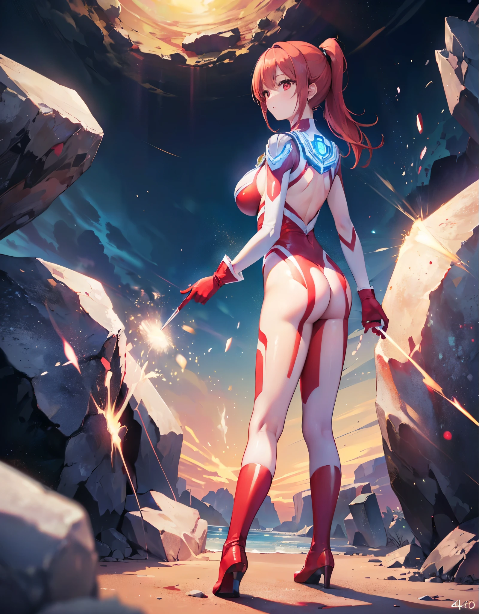 (Close-up:1.2),Realistic,Highest quality, Ultra Detail, High-quality CG rendering, The most delicate and beautiful, Floating softly, High resolution, (One huge person), (Highest quality,4K,8k,masterpiece:1.2),(All red hair:1.5), (ponytail:1.5),(Red eyes:1.5), (Ultra Girl:1.0), (All red Ultraman bodysuit:1.4),(Do not expose your skin:1.6),(Slightly larger breasts:1.5),(Red gloves:1.3),(Red Shoes:1.3),(whole body:1.3),(Are standing:1.3),(Plain surrounded by rocks:1.3),(Brown sandy ground:1.3),(Turn your back to your audience:1.3)