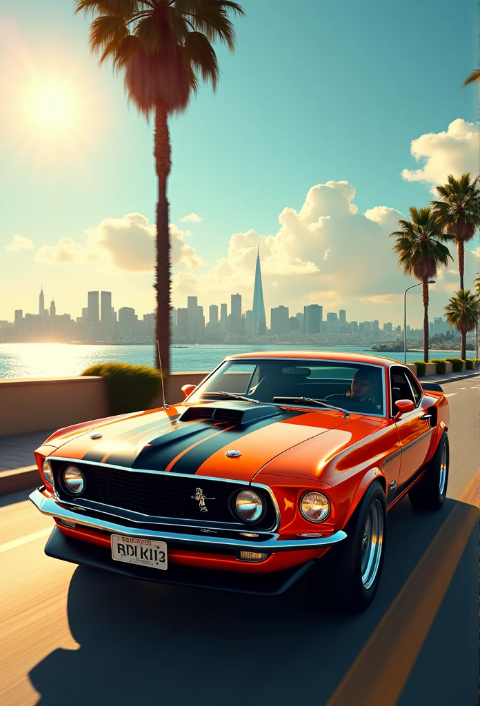 (masterpiece, high resolution, picturesque:1.2), Ford Mustang GT, (retro orange exterior:1.1), iconic design, cruising along Harbor Road, (lights reflecting:1.2), bathed in sunlight, sea breeze rustling, (harbor view:1.1), waves lapping the shore, city skyline mirrored, nostalgic ambiance, interplay of light and shadow, rich layers, captivating moment, old-world street view, vintage sentiment, fading moments, detailed