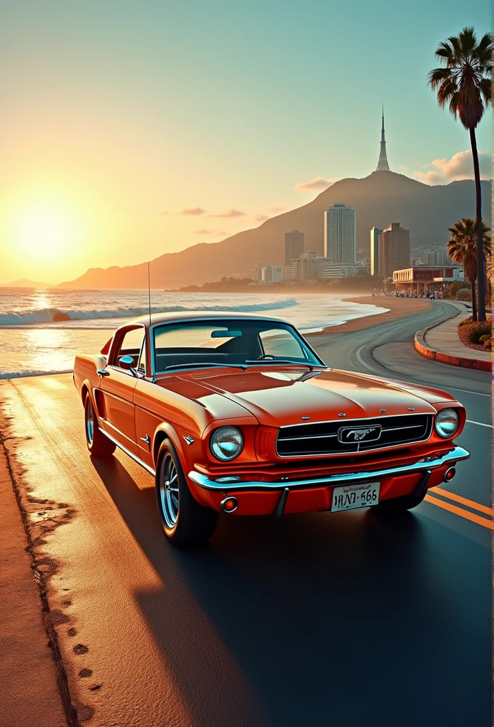 (masterpiece, high resolution, picturesque:1.2), Ford Mustang GT, (retro orange exterior:1.1), iconic design, cruising along Harbor Road, (lights reflecting:1.2), bathed in sunlight, sea breeze rustling, (harbor view:1.1), waves lapping the shore, city skyline mirrored, nostalgic ambiance, interplay of light and shadow, rich layers, captivating moment, old-world street view, vintage sentiment, fading moments, detailed 