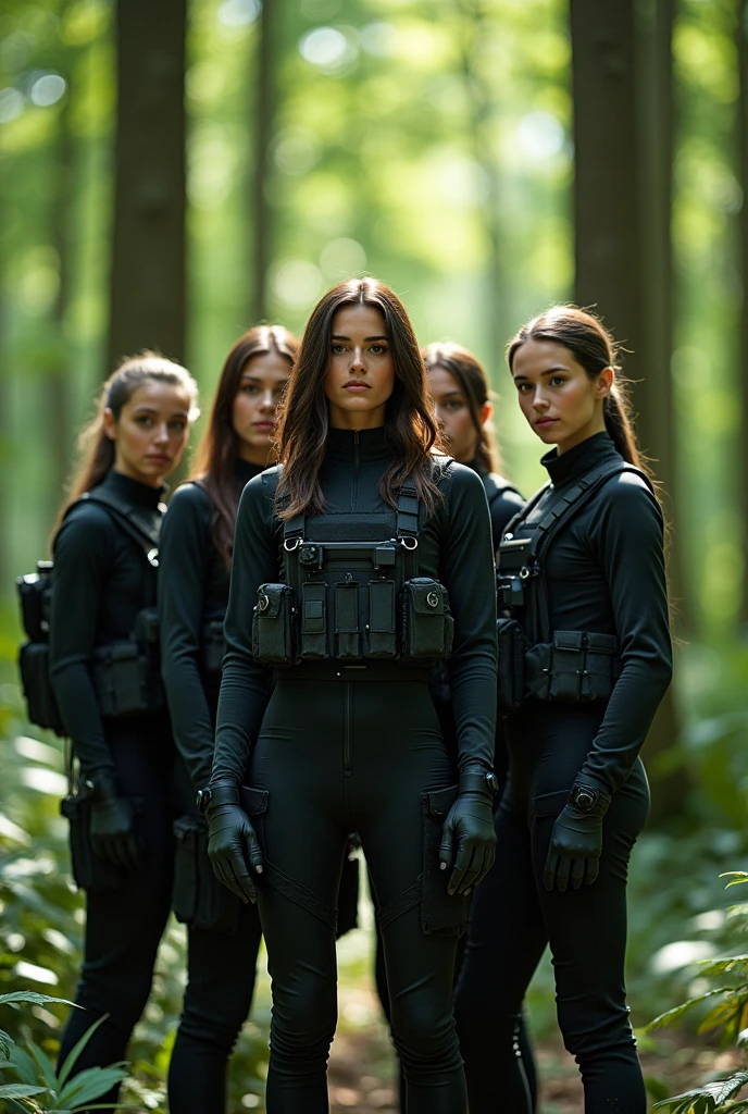 Create an image of 5 beautiful and slender girls dressed in well-equipped black combat suits, All ages between 24 and 30 years old a forest background 