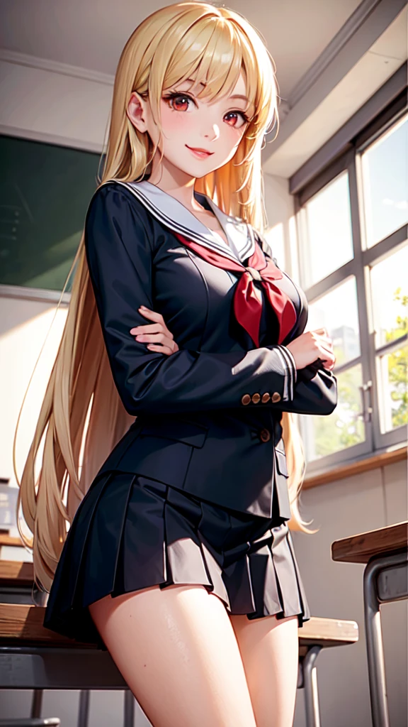 Blonde long hair high school girl,Red eyes, Sailor suit,blazer,School,classroom, smile,Bust Shot