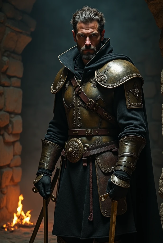 (masterpiece:1.2), (Highest quality:1.2), 8k, High resolution, 超detailed, ((Realistic)), Professional Light, Cinema Lighting, ファッションphotograph, Ambient Lighting, background, Dark medieval dungeon, darkness, 壮大なphotograph, fire, stage, Thief in cloth armor, He holds a gold dagger in each hand.((Front view, ultra detailed nordic eyes)), (((masterpiece, Giant , Giant breasts, White short blouse))), photographrealism, High Contrast, photographRealist, photograph, masterpiece, Realist, realism, photographrealism, High Contrast, photographRealist digital art trend on Artstation 8k HD high definition detailed Realist, detailed, Skin Texture, hyperdetailed, Realist Skin Texture, Highest quality, ultra High resolution, (photographRealist: 1.4), High resolution, detailed, raw photograph, 鋭いfire, Kodak Portra 400 Camera F1 Lens.6 rich colors hyper Realist texture dramatic lighting irrealengine trend in artstation cinestill 800.