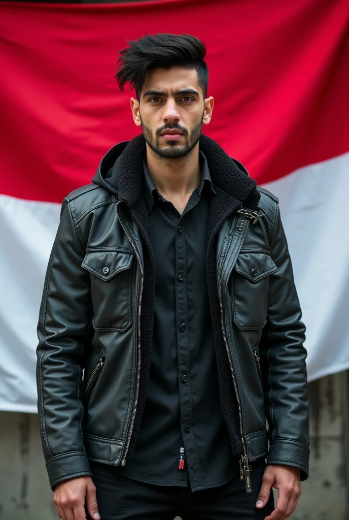 black hair, modern jewish man, masculine face, straight focus, industrial outfit, in front of Indonesia flag