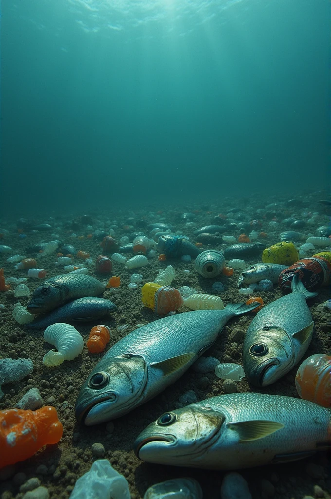 Generate a horizontal image of the polluted seabed with plastic and dead fish