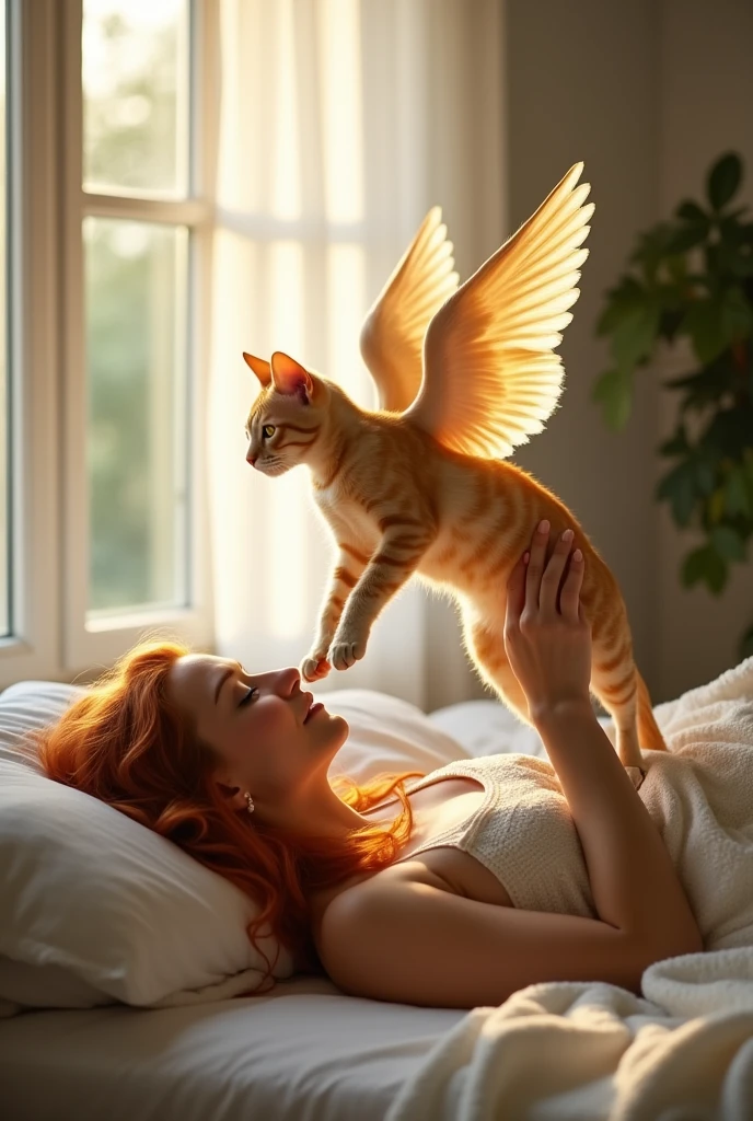Realistic image of a woman with long red hair in her bedroom lying on the bed receiving a visit from the heavens from her yellow cat who has already passed away. The cat laid on her chest and she is petting it.. The cat is male, slender and yellow, yellow eyes and is flying with angel wings like in a dream inside the room. The window is open.