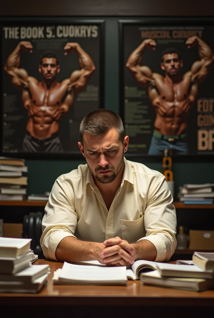 man studying for a competitive exam, offwhite, with an angry face, low hair with a background related to studying for a muscular competition and looking forward