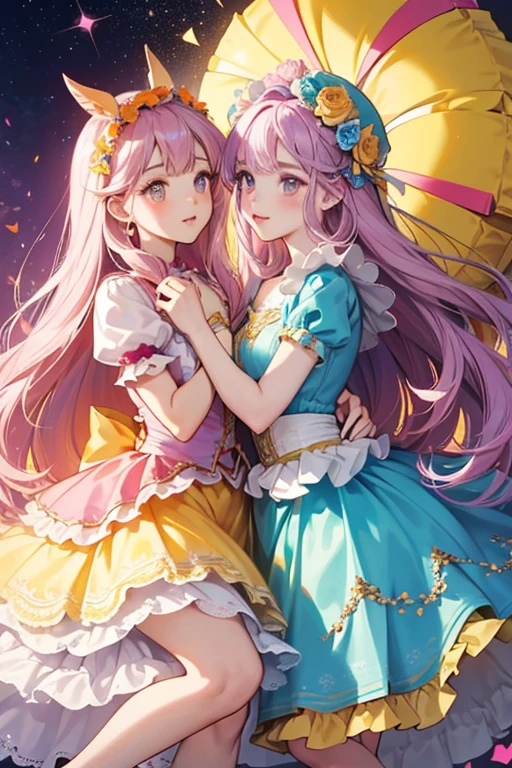 (highest quality, ),cute ****ergartener,Small breasts, Royal magazine cover,Cover photo、Couple Style,Castle Background, Girls wearing crowns,wonderful, 18+, Browsing Caution,Girls hugging each other, ************, wonderful, cute, smile, audience, article, shape, advertisement, Magazine Title, Yuri \(Pokemon\), レオタードPOCKYのadvertisement, Are standing, Cowboy Shot, Looking at the audience, Green Eyes, smile, V Arm,