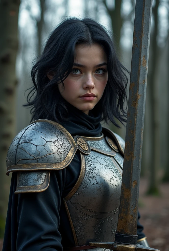 20 year old girl, 5'7" tall, medium length black hair like a starless night, bright gray eyes like storms, beautiful, striking lips, beautiful, medium turned body, with good attributes, with armor and a sword.