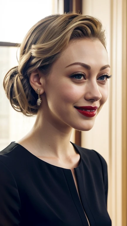 Sarah Gadon wearing sexy stylish clothes and lipstick and smiling