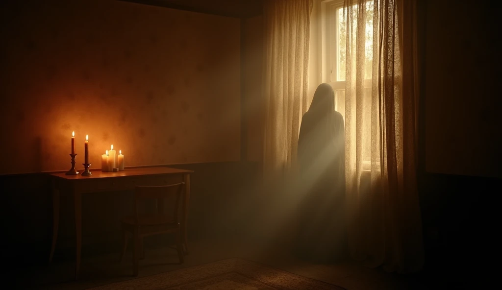 "A candle-lit room with a thin curtain moving slightly as if touched by an unseen hand, with a vague, sinister outline visible through the material."