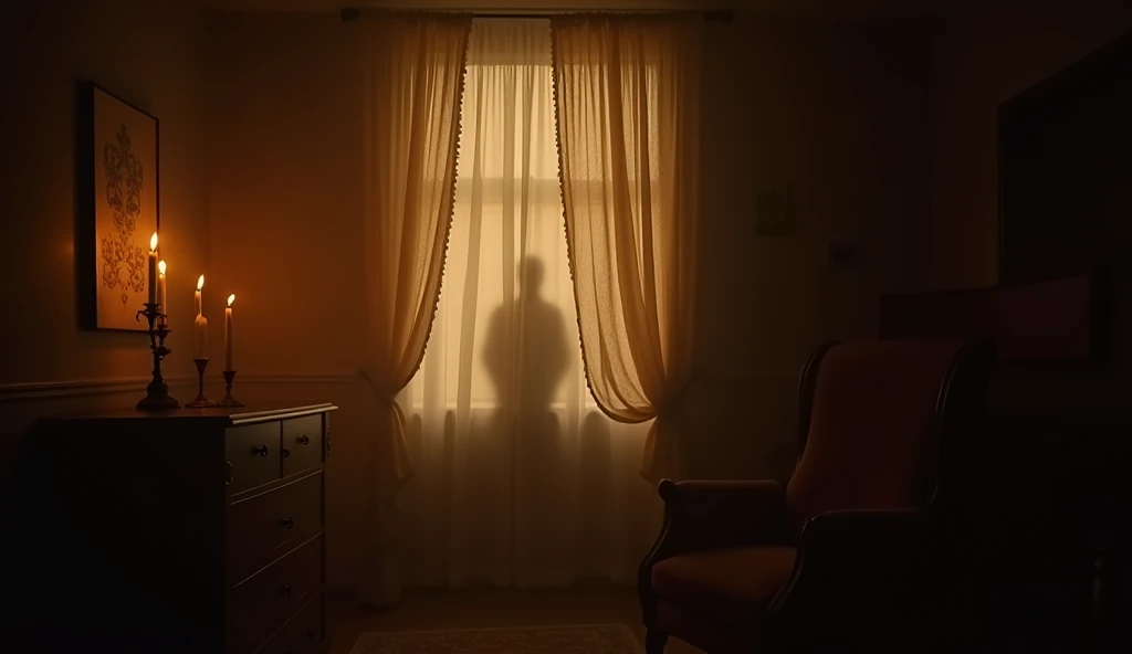 "A candle-lit room with a thin curtain moving slightly as if touched by an unseen hand, with a vague, sinister outline visible through the material."