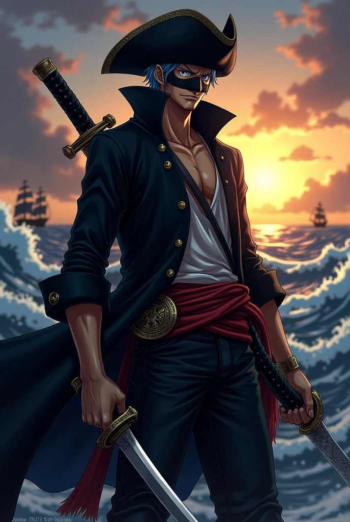 a male pirate from One Piece with short hair, 2 Katanas, a black hat, a black mask covering the mouth and a black overcoat