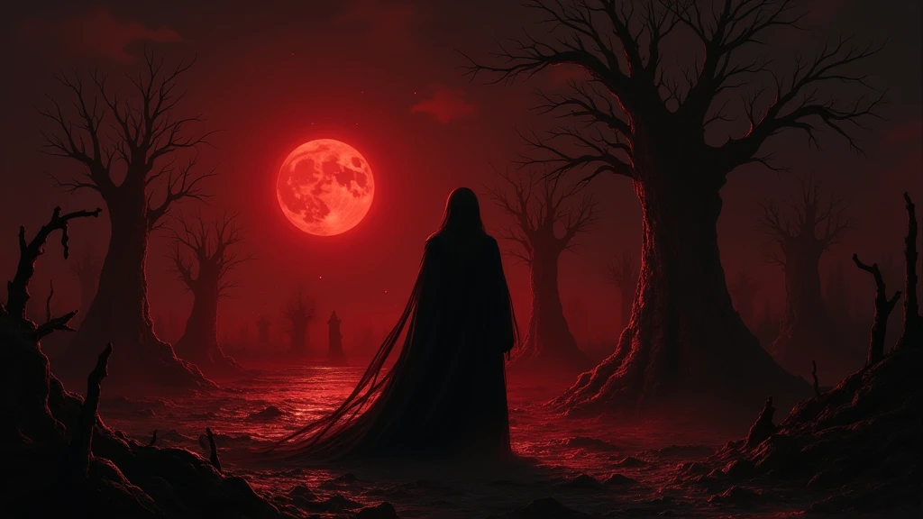 Domain expansion inspired by the anime jujutsu kaisen called the bloody night without people with a bloody moon up in the sky and blood fog everywhere and a sea of blood