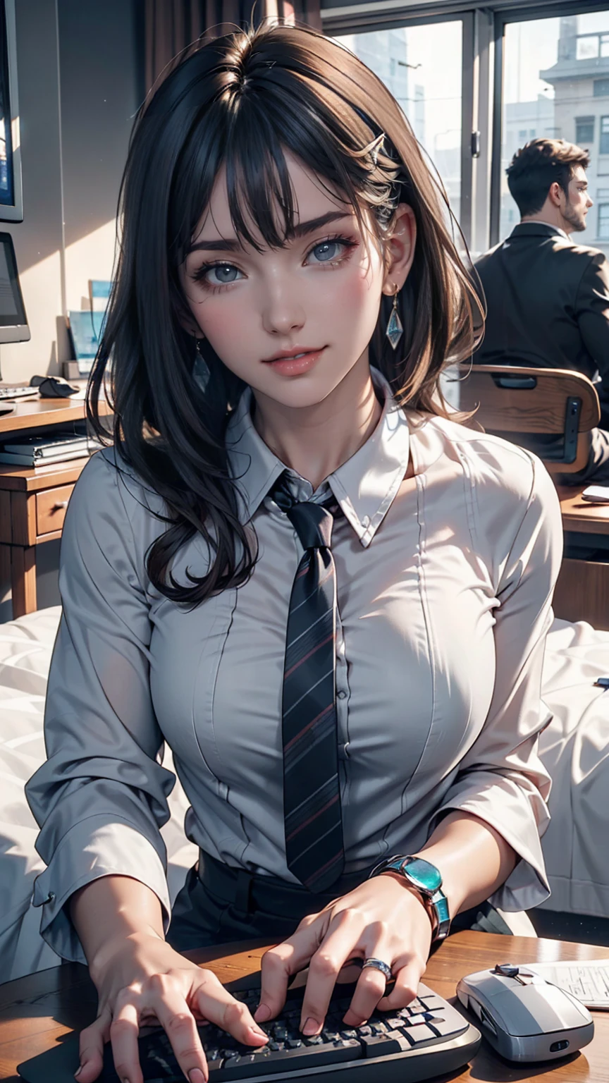 masterpiece, Highest quality, Twitch-chan, Hair Clip, hair ornaments, Collared shirt, No sleeve, tie, sitting behind a desk, View your viewers, smile, wave hands, Silver accessories on the wrist、bedroom, bed, computer mouse, keyboard 