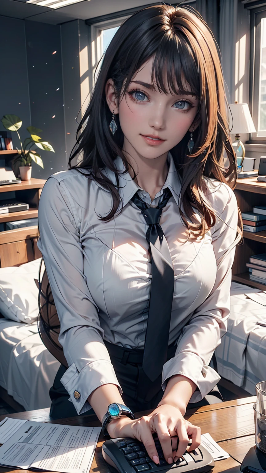 masterpiece, Highest quality, Twitch-chan, Hair Clip, hair ornaments, Collared shirt, No sleeve, tie, sitting behind a desk, View your viewers, smile, wave hands, Silver accessories on the wrist、bedroom, bed, computer mouse, keyboard 