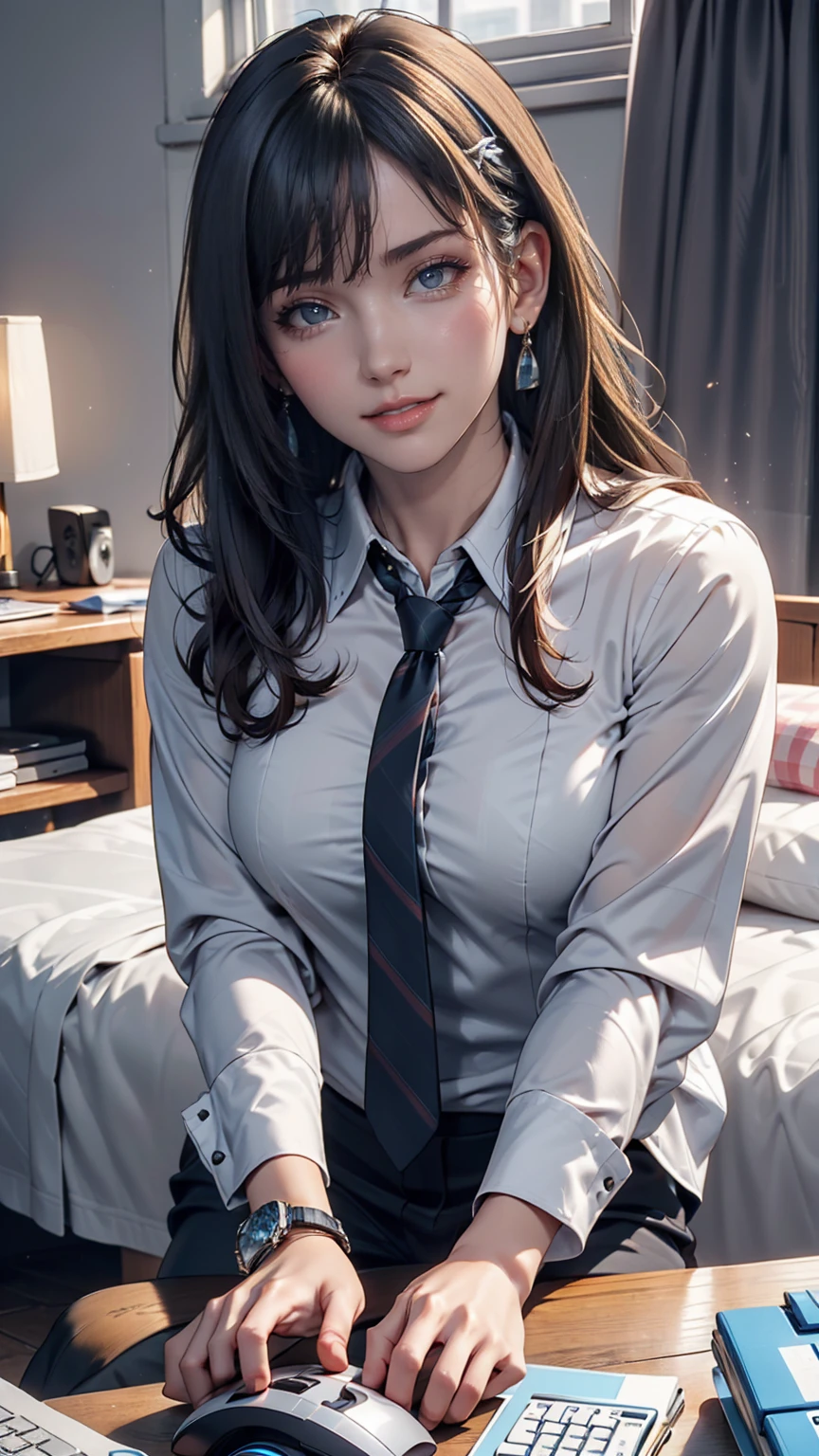 masterpiece, Highest quality, Twitch-chan, Hair Clip, hair ornaments, Collared shirt, No sleeve, tie, sitting behind a desk, View your viewers, smile, wave hands, Silver accessories on the wrist、bedroom, bed, computer mouse, keyboard