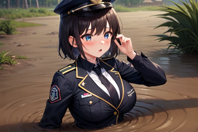 1girl solo, huge breast, (black short hair:1.3), (bangs:1.3), blue eyes, police uniform, policewoman, officer cap, necktie, long sleeve, double breasted, partially submerged, in mud, flooding up to the chest, upper body, raised eyebrows, :o, (jungle:1.3), from above, hands down, (blush:1.3),