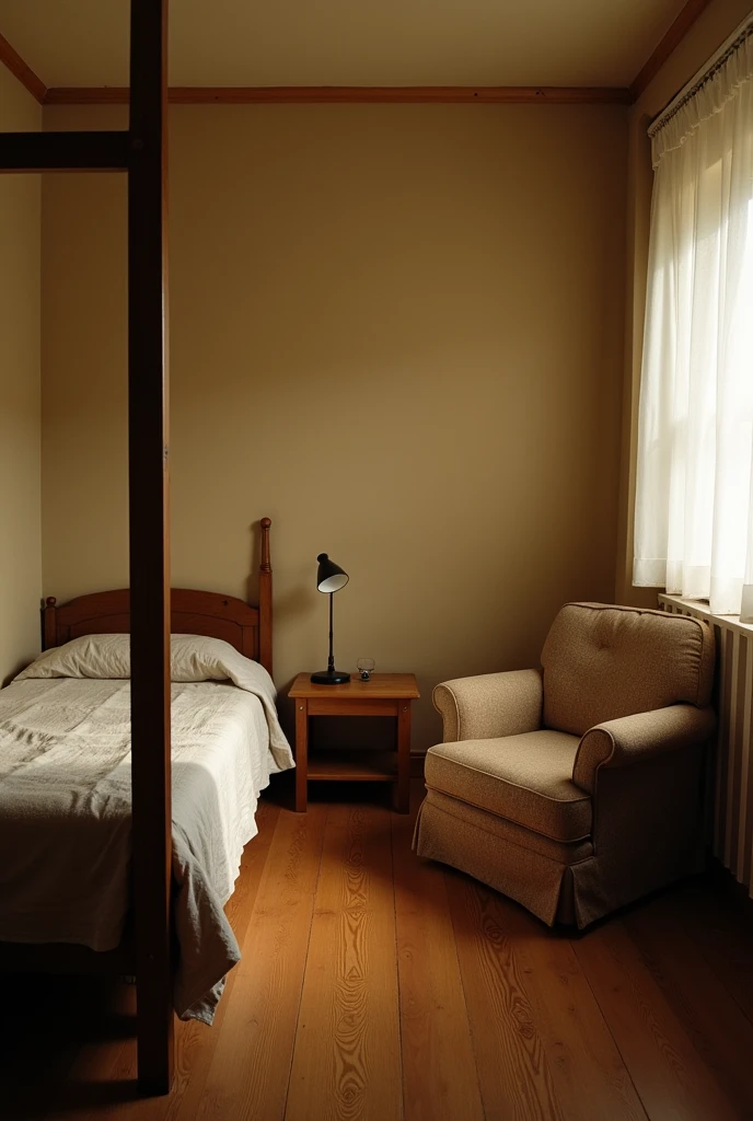 A setting for a very simple and humble room. Within this same setting, a division will be placed between the bedroom and the living room. This is a poster for a play.