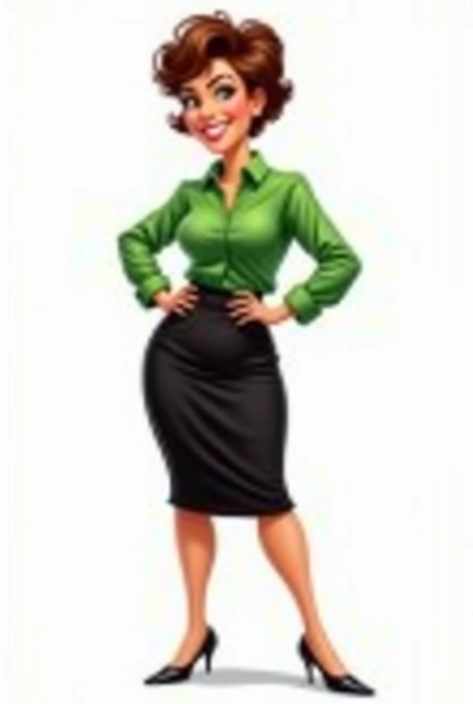 Generate a realistic, cartoon-style digital caricature of a large woman with short hair, a long-sleeved green blouse and a black stick skirt, wearing black high-heeled shoes. The cartoon style, highlighting facial expressions in a happy and vibrant way. The posture should be confident, with one hand on the waist, maintaining simplicity and the white background to give focus to the character.