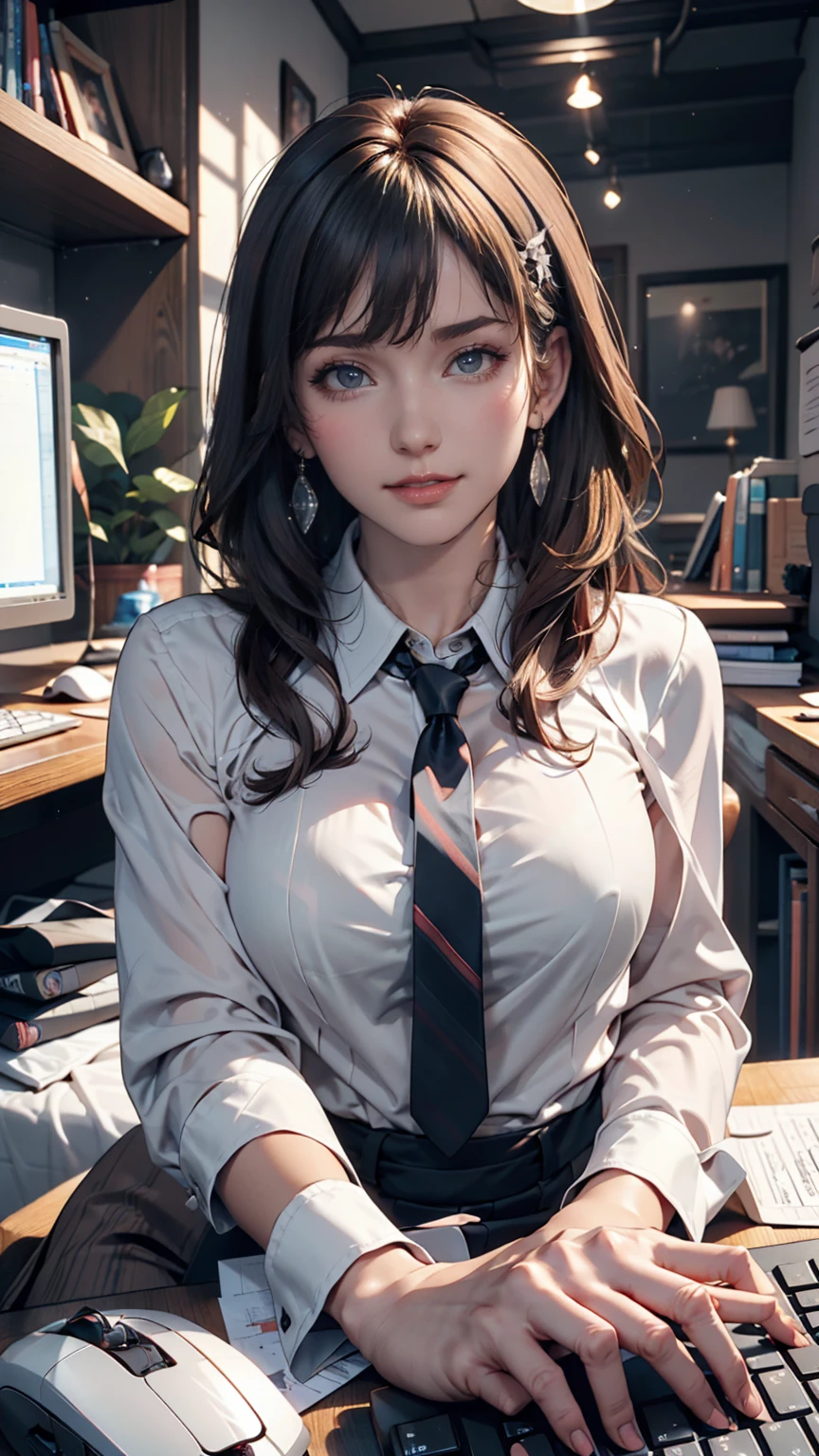 masterpiece, Highest quality, Twitch-chan, Hair Clip, hair ornaments, Collared shirt, No sleeve, tie, sitting behind a desk, View your viewers, smile, wave hands, Silver accessories on the wrist、bedroom, bed, computer mouse, keyboard 