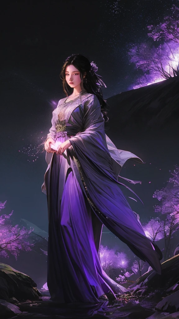 最high quality, masterpiece, High resolution, One girl,Light Powder Gauze Dress, Beautiful Face, Caramel blonde hair、Purple eyes、physically, Tyndall effect, Realistic, Shadow Studio, Edge lighting, 2-color illumination, (Skin with attention to detail: 1.2), 8k ウルトラHD, Digital SLR, Soft Light, high quality, Volumetric Light, I Go Shot, photograph, High resolution, 4K, 8k