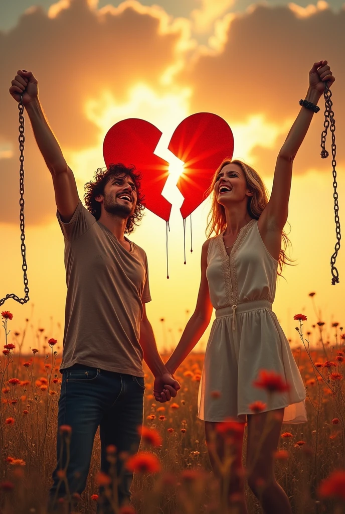 Create an image of a man and a woman screaming in pain. The message is free from emotional abuse. Break the cycle of violence. Ambos libres de sus cadenas ⛓️ alzando los brazos. 
Their red hearts are broken and both sad. Clear image not dark. 