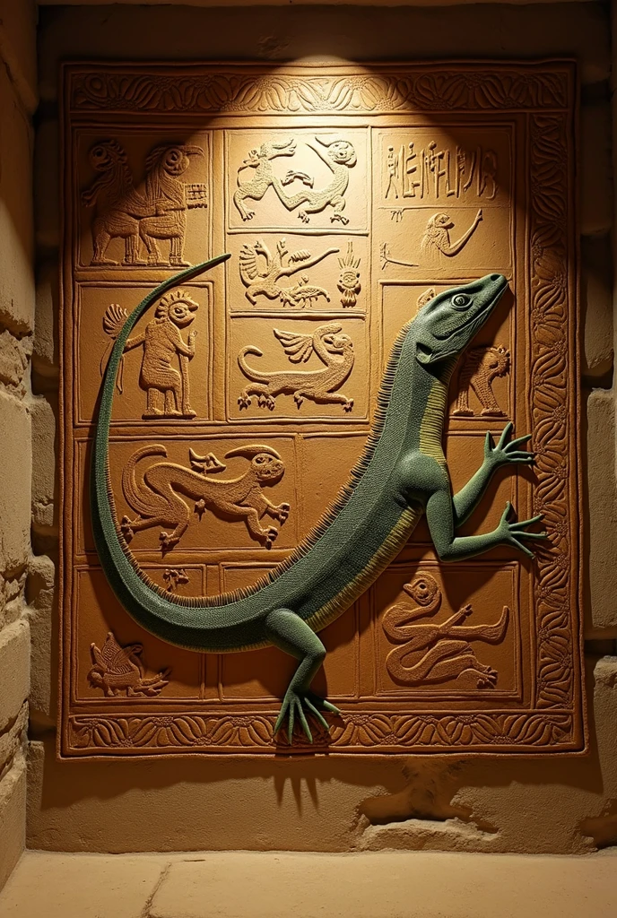 a detailed ancient hieroglyphic mural, humanoid reptilian figures,intricate patterns,highly detailed,photorealistic,dramatic lighting,earthy color palette,4k,highres,masterpiece