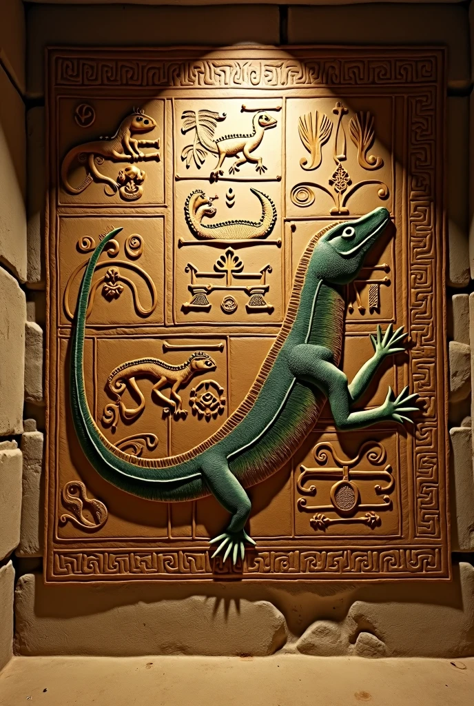 a detailed ancient hieroglyphic mural, humanoid reptilian figures,intricate patterns,highly detailed,photorealistic,dramatic lighting,earthy color palette,4k,highres,masterpiece