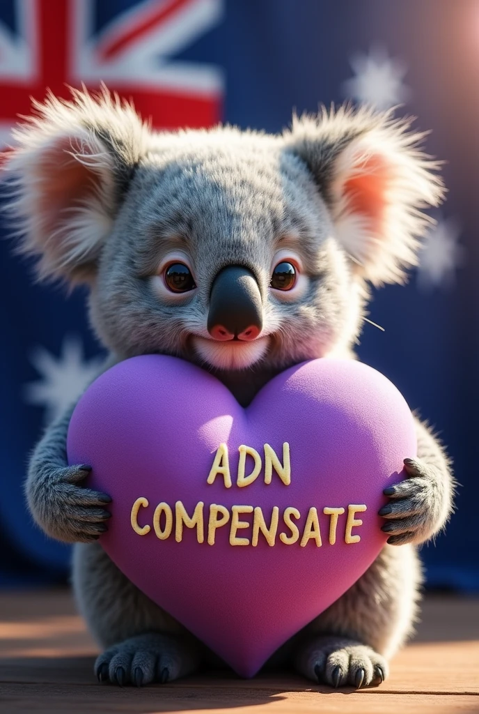 A cute Koala hugging a purple heart that says ADN COMPENSATE and the Australian flag in the background